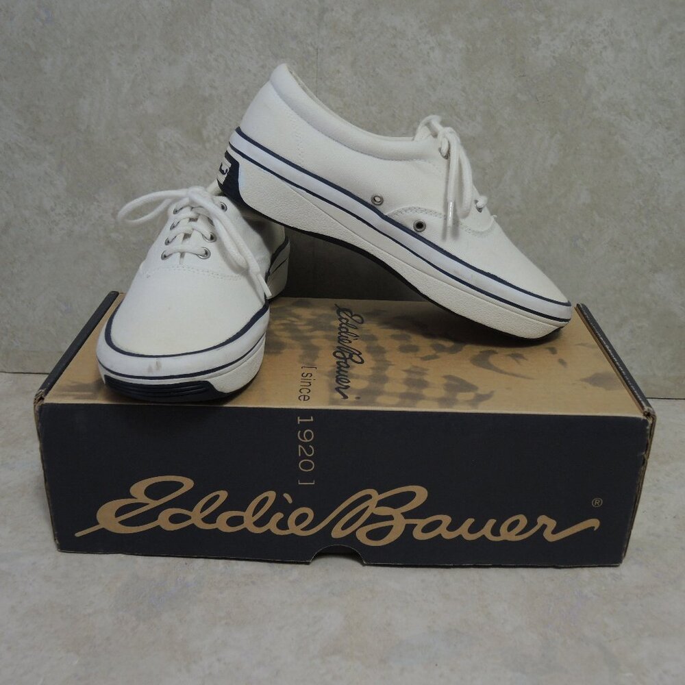 Classic Cotton Canvas Tennis Shoe Sneaker White w/ Blue Size 6.5 M Eddie Bauer